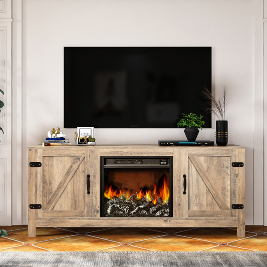 TV Stand with Fireplace, 58" Electric Fireplace Heater TV Stand for 65" Tvs, Wood Fake Fireplace Heater, Electric Fireplace Entertainment Center, Rustic Brown Furniture > Cabinets & Storage > Ironing Centers SESSLIFE Rustic-Brown Color