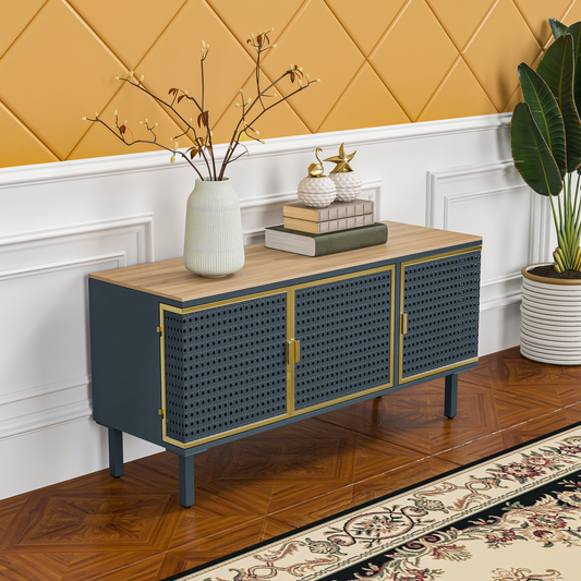 3 Cabinets TV Stand for Tvs up to 50", Modern Furniture Decor，Made with Iron + Carbonized Bamboo,Entertainment Center with Storage Cabinet, Media Console for Living Room,Easy Assembly