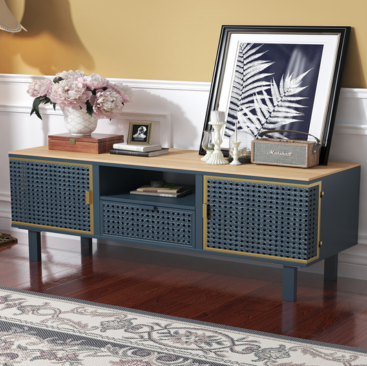 SYNGAR TV Stand with Storage Cabinet, Television Stands Entertainment Center with Shelves, Made of Iron and Carbonized Bamboo, Blue & Gray, LJ2803