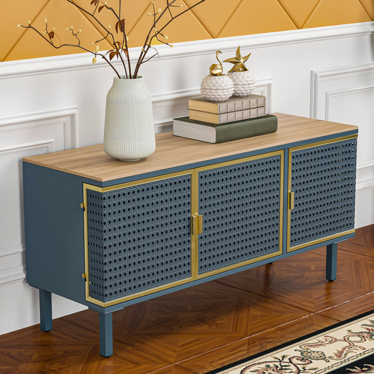SYNGAR TV Stand with Storage Cabinet, Television Stands Entertainment Center with Shelves, Made of Iron and Carbonized Bamboo, Blue & Gray, LJ2797
