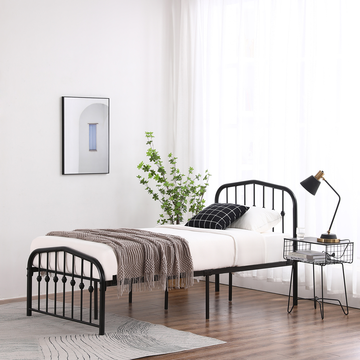 1Pc Single-Layer Curved Frame Bed Head and Foot Center Raised Vertical Pipe with Ball Decoration Twin Black Iron Bed