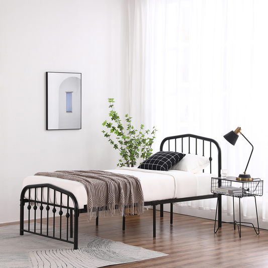 1Pc Single-Layer Curved Frame Bed Head and Foot Center Raised Vertical Pipe with Ball Decoration Twin Black Iron Bed