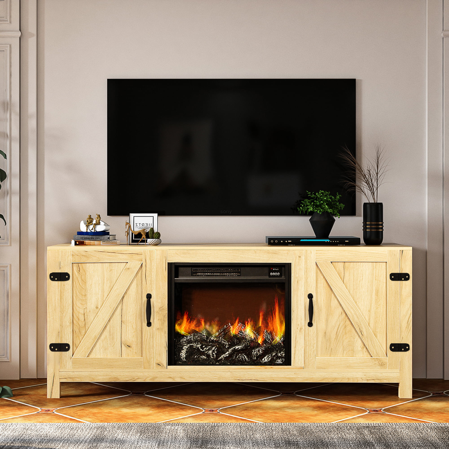 TV Stand with Fireplace, 58" Electric Fireplace Heater TV Stand for 65" Tvs, Wood Fake Fireplace Heater, Electric Fireplace Entertainment Center, Rustic Brown Furniture > Cabinets & Storage > Ironing Centers SESSLIFE Oak Color