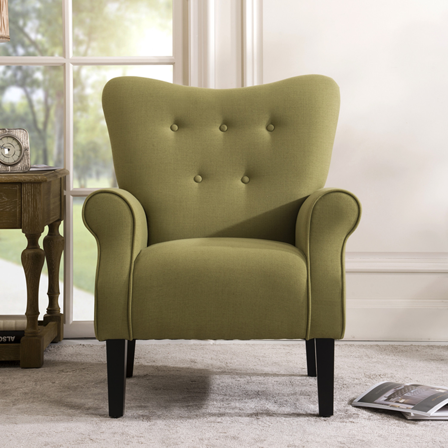 Accent Chair, Modern Button Tufted Wing Back Accent Chair with Wooden Leg and Thicken Cushion Upholstered Linen Leisure Lounge Chair with Roll Arm Single Sofa for Living Room Bedroom, Mallard Teal Furniture > Chairs > Arm Chairs, Recliners & Sleeper Chairs ARCTICSCORPION Avocado