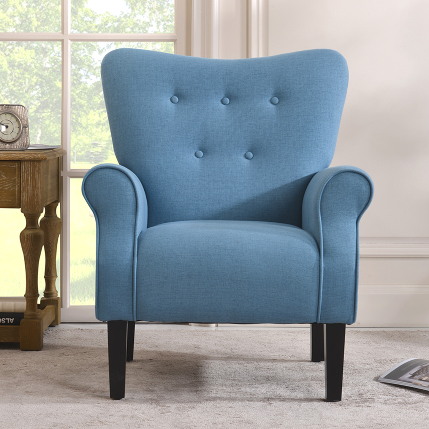 Accent Chair, Modern Button Tufted Wing Back Accent Chair with Wooden Leg and Thicken Cushion Upholstered Linen Leisure Lounge Chair with Roll Arm Single Sofa for Living Room Bedroom, Mallard Teal Furniture > Chairs > Arm Chairs, Recliners & Sleeper Chairs ARCTICSCORPION Blue