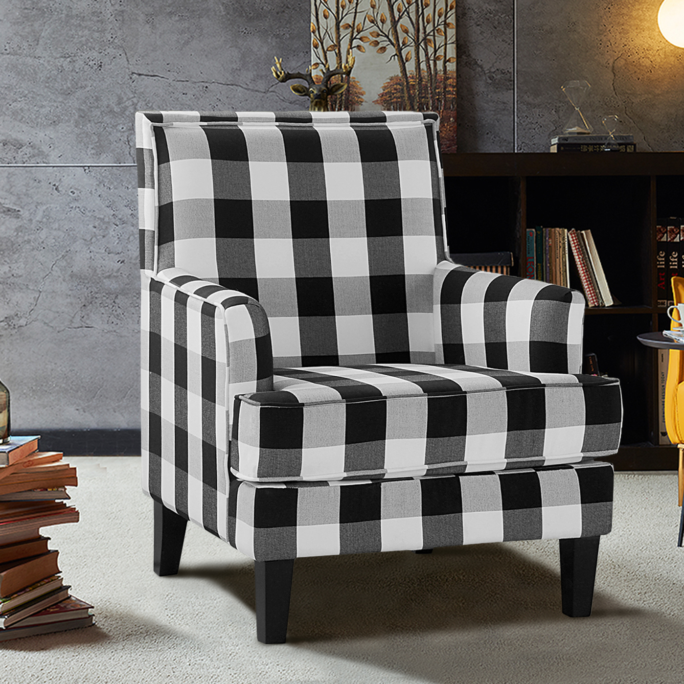 Filton Upholstery Armchair with Buffalo Check in Navy Furniture > Chairs > Arm Chairs, Recliners & Sleeper Chairs 14 Karat Home Black