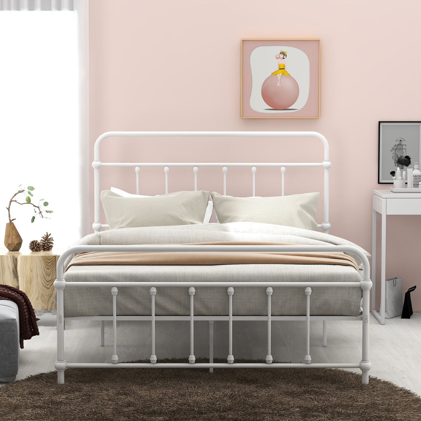YOFE Full Size Platform Bed Frame, Heavy Duty Metal Platform Bed with Slats Support & Center Support Legs, Platform Bed with Steel Headboard and Footboard, Modern Style, White, D310 Furniture > Cabinets & Storage > Ironing Centers YOFE White
