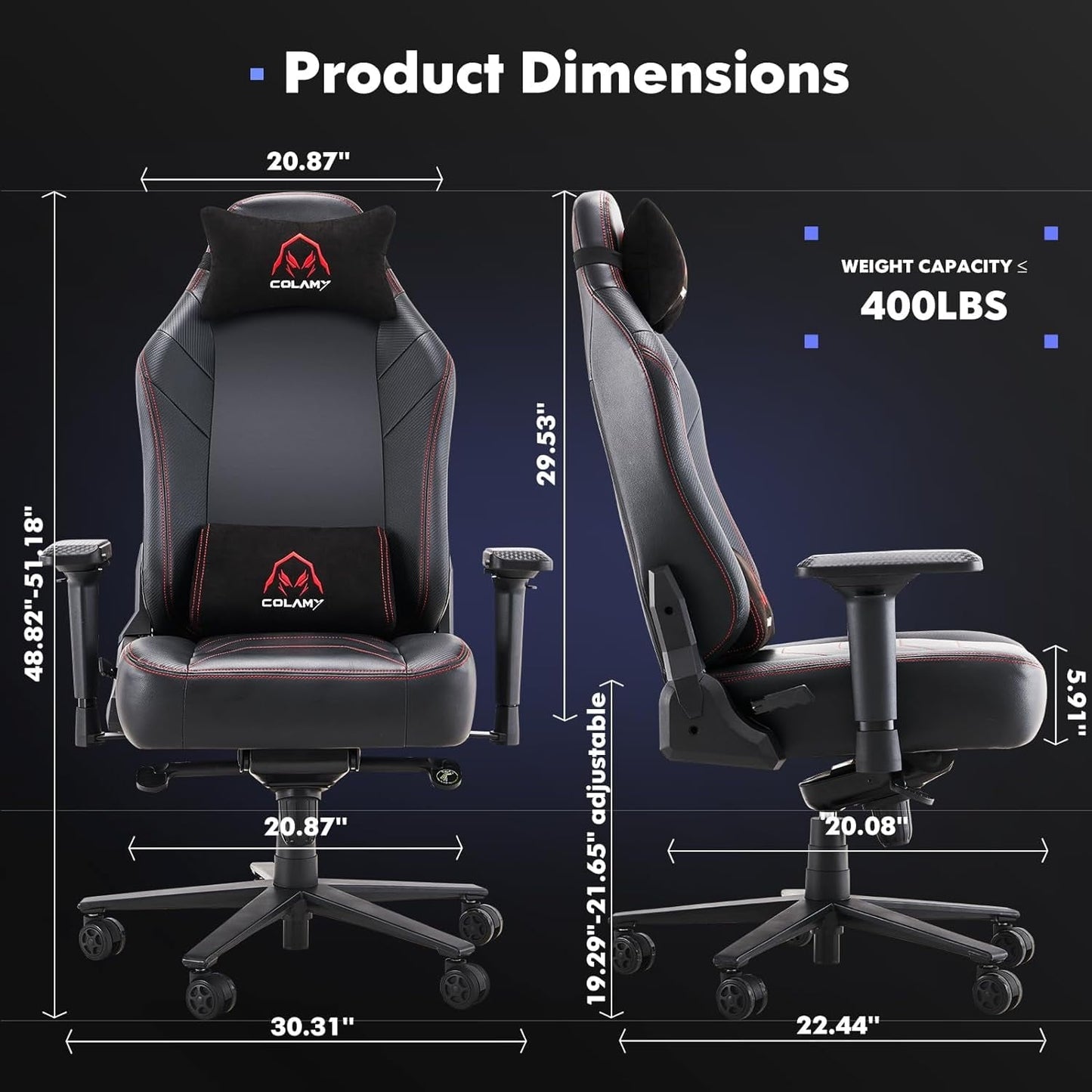 Colamy Big and Tall Black Leather 350lbs-Racing Computer Reclining Gamer Chair with Pillow
