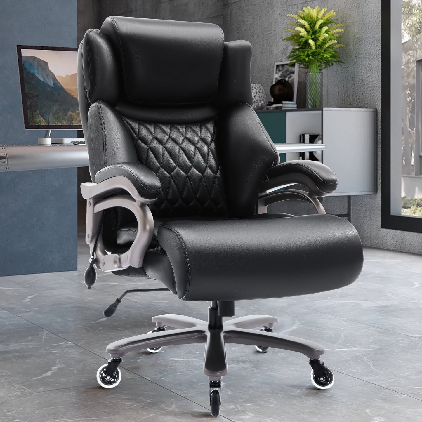Big and Tall Office Chair 400lbs, Ergonomic High Back Computer Desk Chair, Heavy Duty Leather Executive Office Chair With Adjustable Lumbar Support, Metal Base, Quiet Rubber Wheels, Black