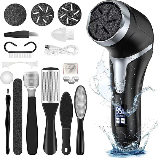 Electric Foot Callus Remover - Waterproof, Rechargeable Pedicure Kit for Foot Care - 10 in 1 Set, Black Callus Remover for Feet