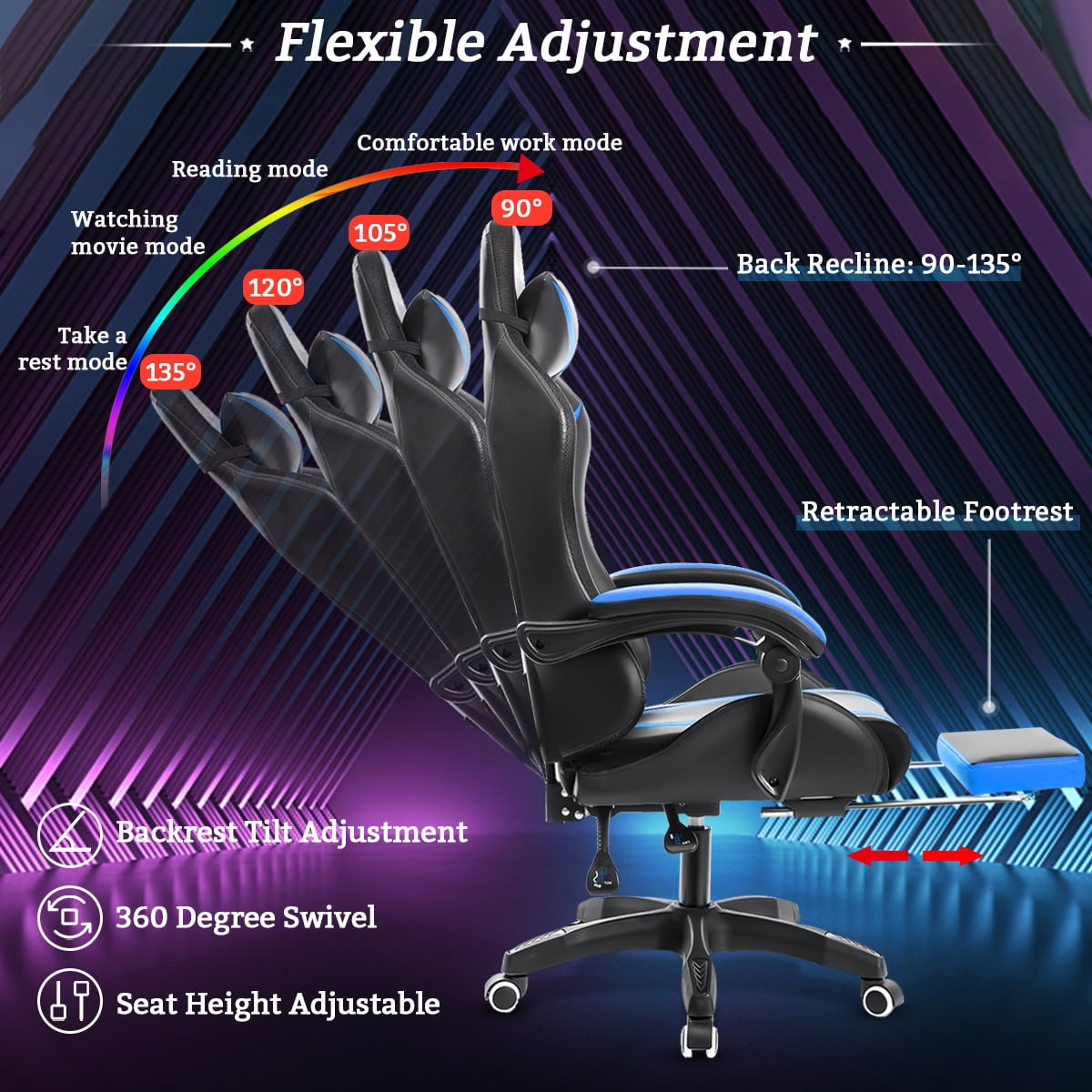 Geepro Ergonomic Gaming Chair with RGB LED Lights and Adjustable Footrest, Computer Game Chair Executive PU Leather Chair with Adjustable Headrest and Massage Vibration Lumbar Support, Linkage Armrest
