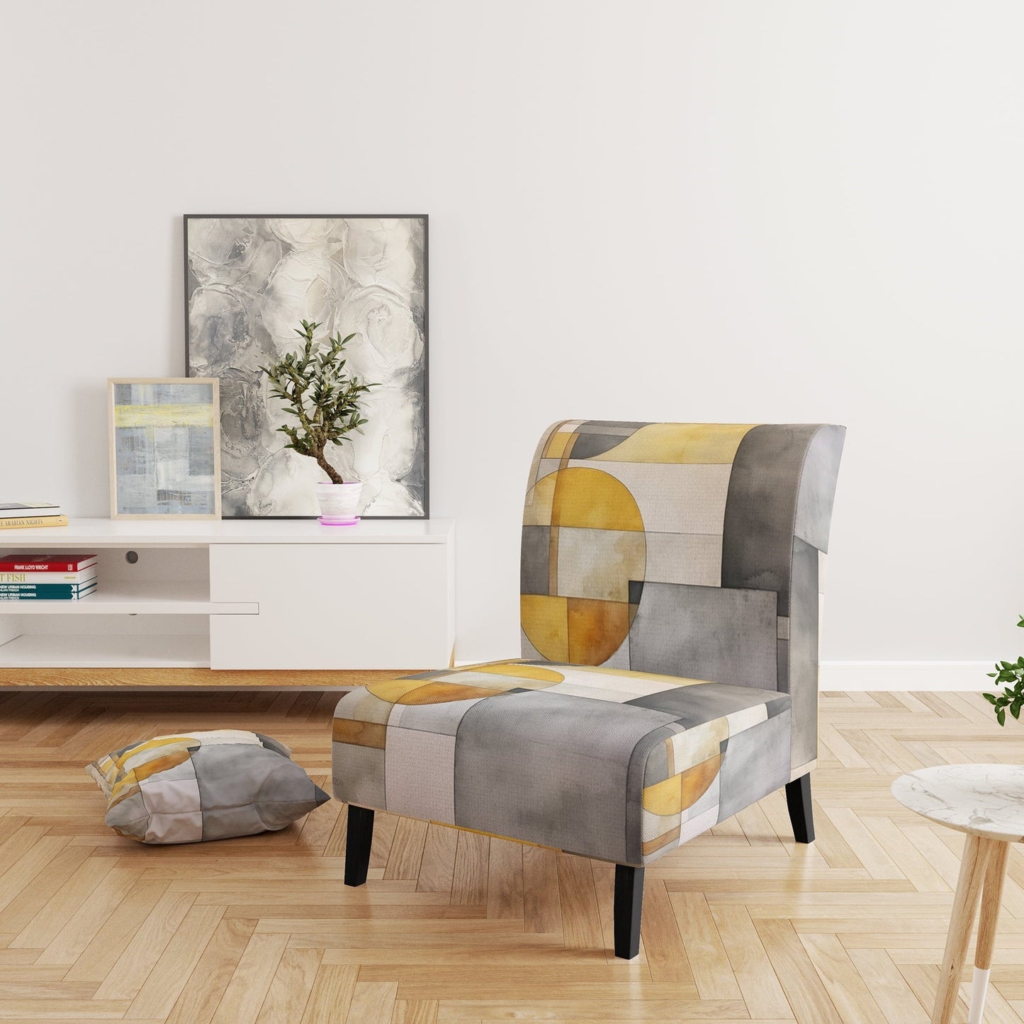 Designart 'Intersecting Realities in Yellow and Grey I' Yellow Abstractions Upholstered Accent Chair - Modern Arm Chair For Living Room