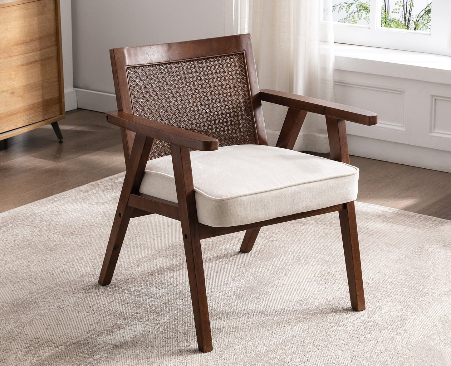 Guyou Modern Rattan Accent Chair, Mid-century French Farmhouse Upholstered Solid Wood Armchair Reading Chair, Retro Dining Chair with Woven Back and Walnut Base, Beige Fabric