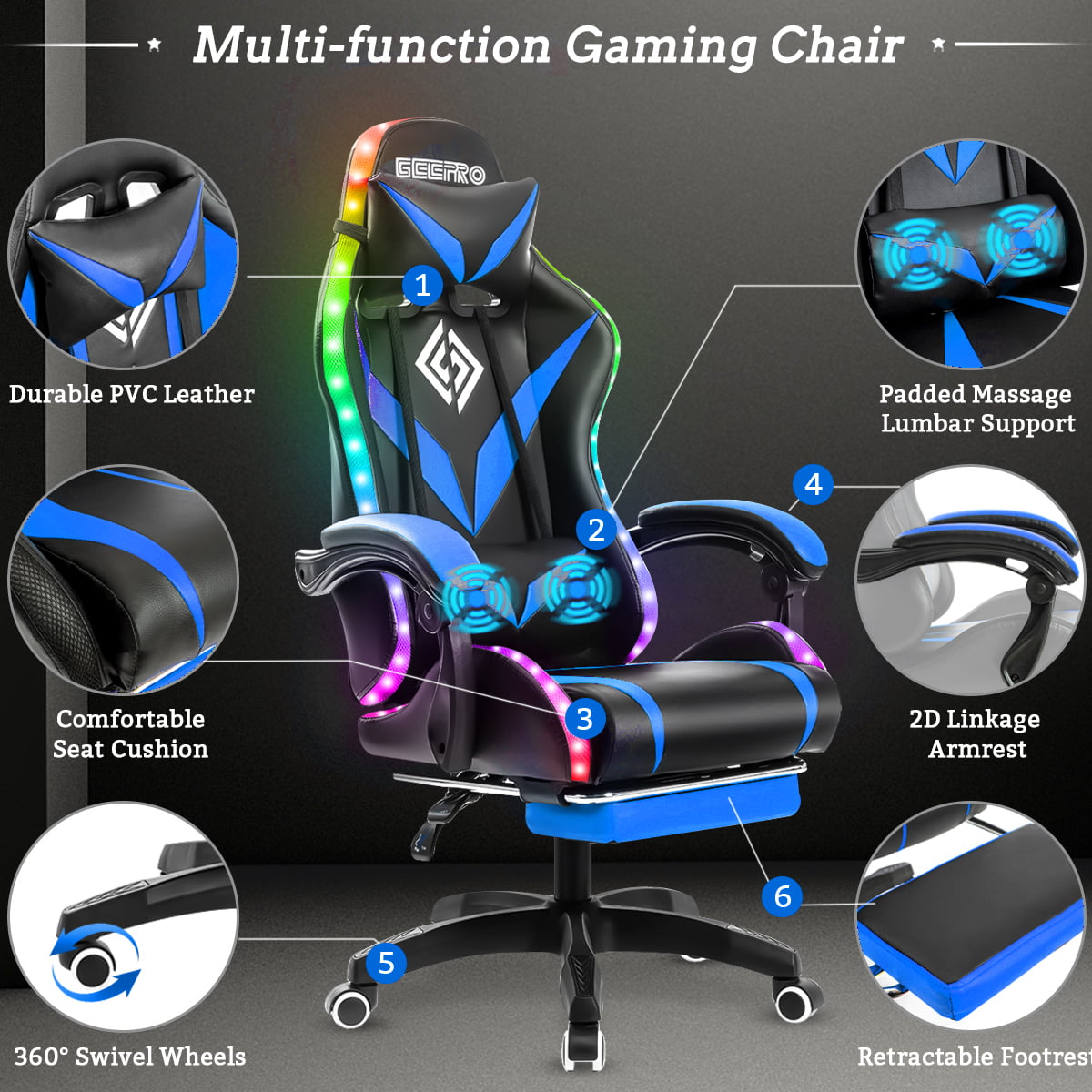 Geepro Ergonomic Gaming Chair with RGB LED Lights and Adjustable Footrest, Computer Game Chair Executive PU Leather Chair with Adjustable Headrest and Massage Vibration Lumbar Support, Linkage Armrest