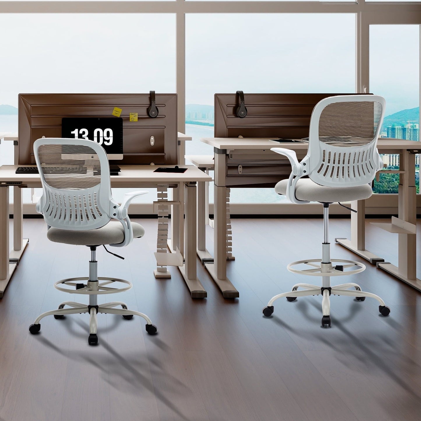 Deiokin Drafting Tall Office Chair, Ergonomic Mesh Mid Back Task Office Chair with Adjustable Lumbar Support, Flip up Arms and Foot-ring, Executive Computer Swivel Chair, Home Desk Chair, Gray