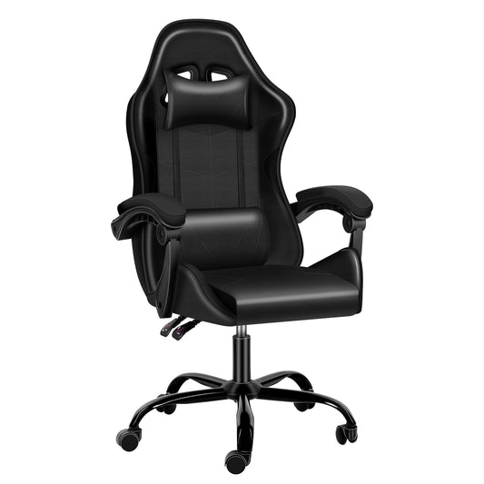 Adjustable Swivel Gaming Chair, Ergonomic Gaming Chair with Armrest, Lumbar Support and Headrest, Gaming Computer Chair, PU Recliner Gaming Chair Office Chair for Adult, Black