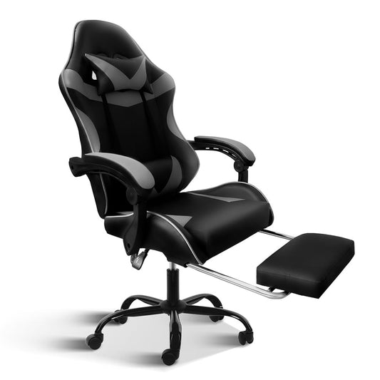 Adjustable Swivel Gaming Chair, Ergonomic Gaming Chair with Footrest, Lumbar Support and Headrest, Gaming Computer Chair, PU Recliner Gaming Chair Office Chair for Adult, Black+Grey