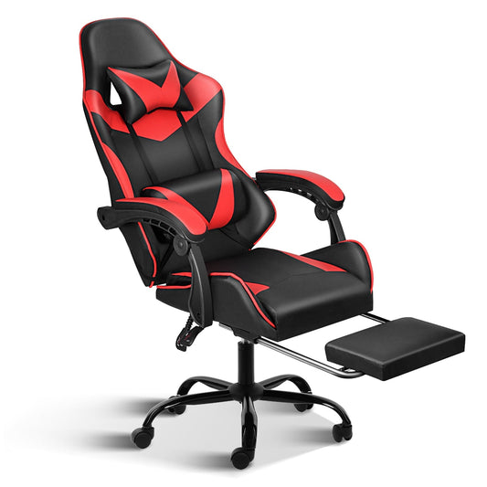 Adjustable Swivel Gaming Chair, Ergonomic Gaming Chair with Footrest, Lumbar Support and Headrest, Gaming Computer Chair, PU Recliner Gaming Chair Office Chair for Adult, Black+Red