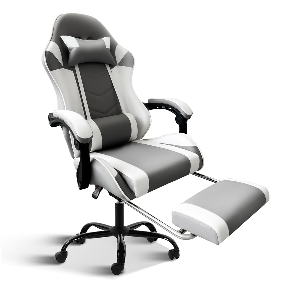 Adjustable Swivel Gaming Chair, Ergonomic Gaming Chair with Footrest, Lumbar Support and Headrest, Gaming Computer Chair, PU Recliner Gaming Chair Office Chair for Adult, White+Gray