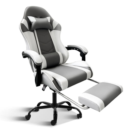 Adjustable Swivel Gaming Chair, Ergonomic Gaming Chair with Footrest, Lumbar Support and Headrest, Gaming Computer Chair, PU Recliner Gaming Chair Office Chair for Adult, White+Gray