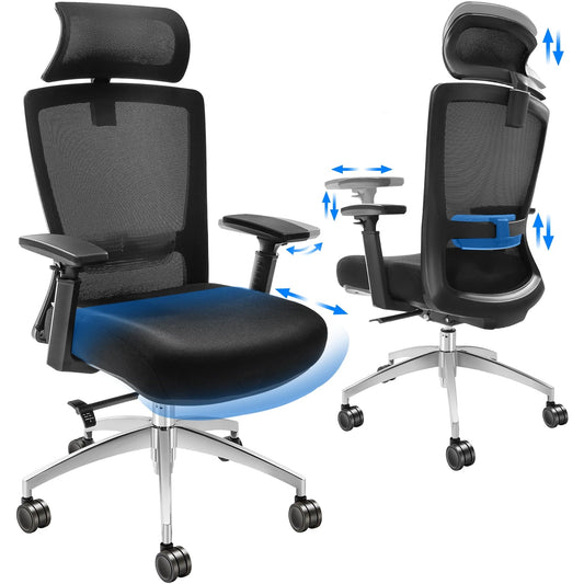 BENTISM Ergonomic Office Chair 300 lbs Rolling Mesh Chair Back Lumbar Support and Head Support Comfort Computer Chair with Lifted Arms and Adjustable Height Home Office Task Chair SGS Certified