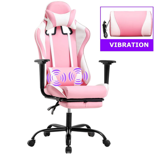 BestOffice PC gaming office chair ergonomic table and chair massage PU leather recliner with lumbar support, headrest, armrest, footrest, female adult swivel chair, pink