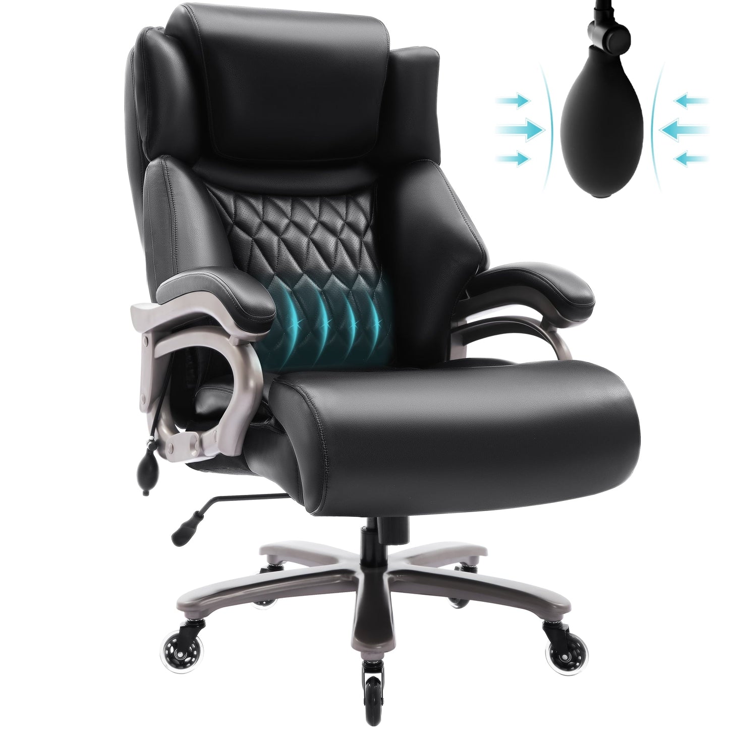 Big and Tall Office Chair 400lbs, Ergonomic High Back Computer Desk Chair, Heavy Duty Leather Executive Office Chair With Adjustable Lumbar Support, Metal Base, Quiet Rubber Wheels, Black