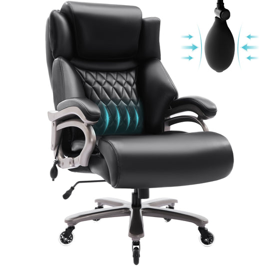 Big and Tall Office Chair 400lbs, Ergonomic High Back Computer Desk Chair, Heavy Duty Leather Executive Office Chair With Adjustable Lumbar Support, Metal Base, Quiet Rubber Wheels, Black