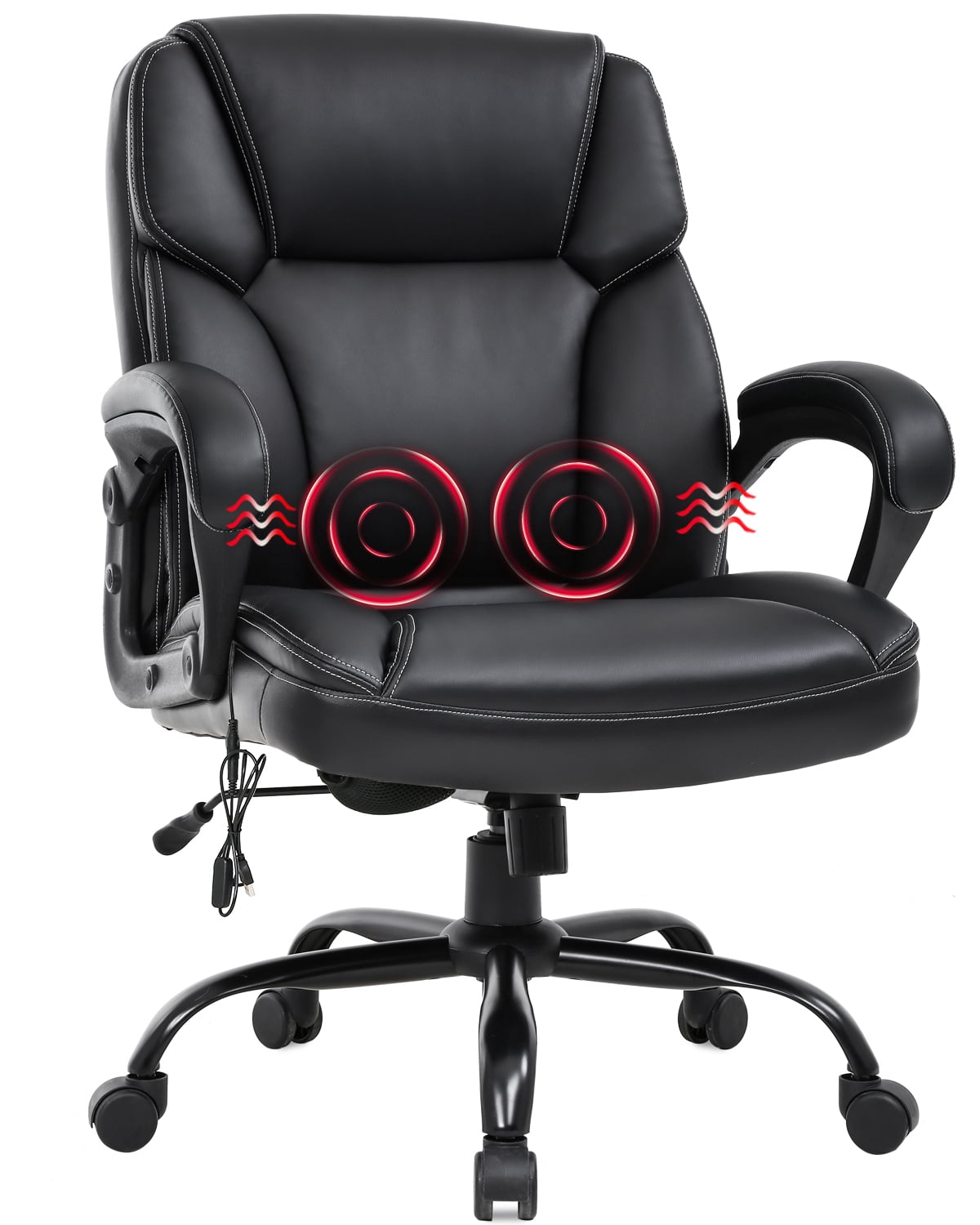 Big and Tall Office Chair 400lbs Wide Seat Desk Chair PU Leather Computer Chair with Lumbar Support Arms Mid Back , Black