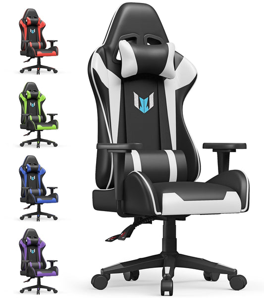Bigzzia Gaming Chair Ergonomic Office Chair Desk Chair with Lumbar Support Flip Up Arms Headrest PU Leather Executive High Back Computer Chair for Adults Women Men (White)