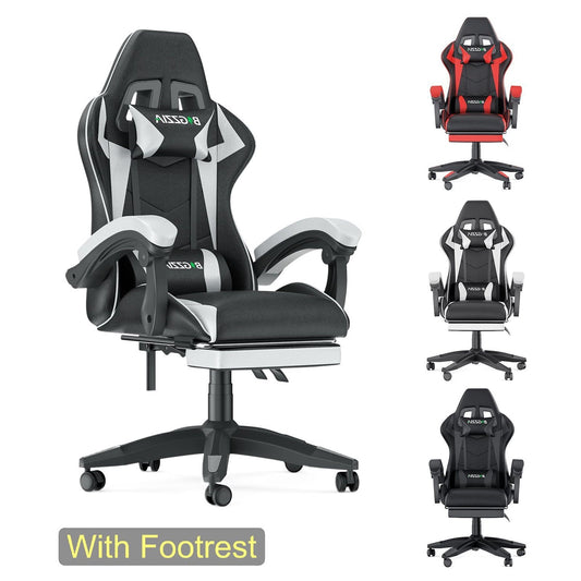 Bigzzia Gaming Chair with Footrest, Computer Chair with Lumbar Support Height Adjustable with 360¡ã-Swivel Seat and Headrest for Office or Gaming(White)