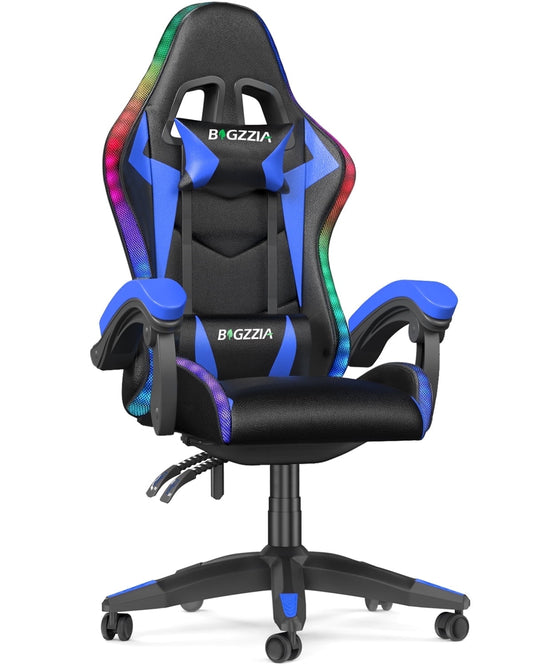 Bigzzia Gaming Chair with LED Lights Ergonomic Office Chair for Adults and Kids - Adjustable Height, 360¡ã Swivel, Headrest Support, Mesh PU Leather, Black & Blue