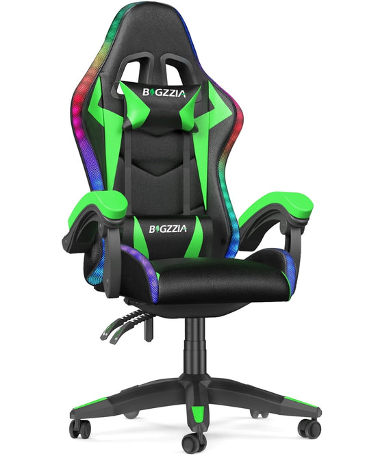 Bigzzia Gaming Chair with LED Lights Ergonomic Office Chair for Adults and Kids - Adjustable Height, 360¡ã Swivel, Headrest Support, Mesh PU Leather, Black & Green