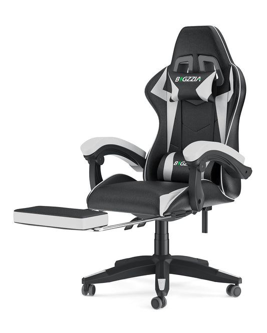 Bigzzia Gaming Chair Office Chair, Ergonomic Game Chair with Footrest, Headrest & Lumbar Pillow, White