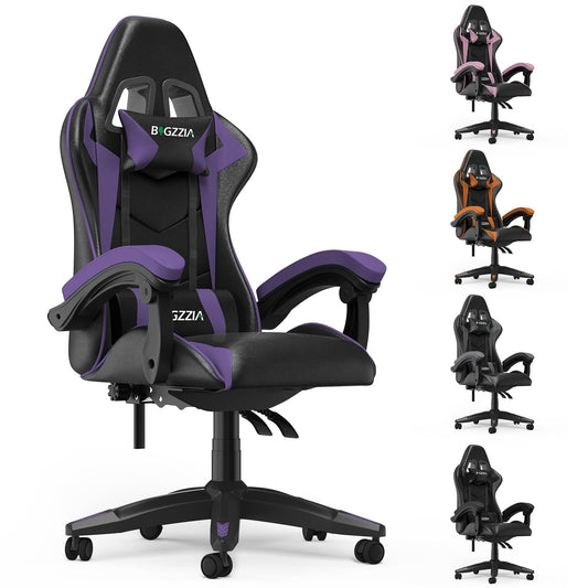 Bigzzia Gaming Chair PU Leather Adjustable Headrest & Lumbar Support, Purple