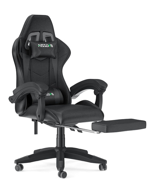 Bigzzia Gaming Chair with Footrest, Ergonomic Game Chair with Lumbar Support & Headrest, Height Adjustable with 360¡ãSwivel Wheels, Black