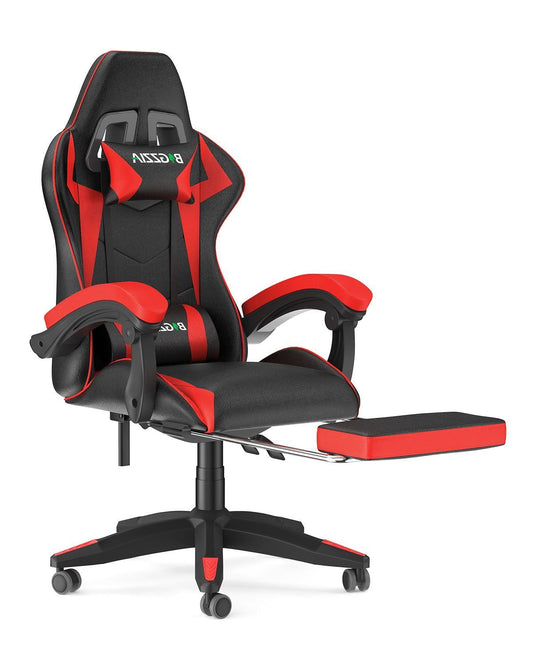 Bigzzia Gaming Chair with Footrest, Ergonomic Game Chair with Lumbar Support & Headrest, Height Adjustable with 360¡ãSwivel Wheels, Red