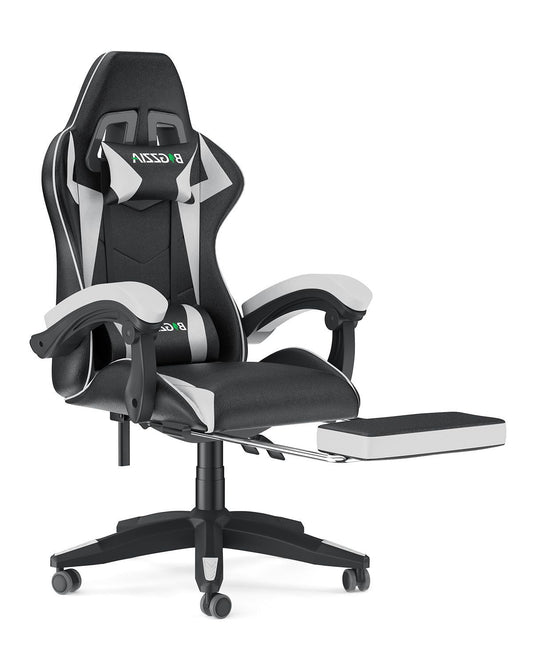Bigzzia Gaming Chair with Footrest, Ergonomic Game Chair with Lumbar Support & Headrest, Height Adjustable with 360¡ãSwivel Wheels, White