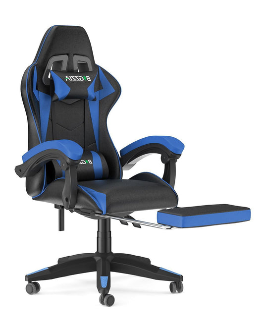 Bigzzia Gaming Chair with Footrest, PU Leather with Lumbar Support & Headrest, Height Adjustable, Blue