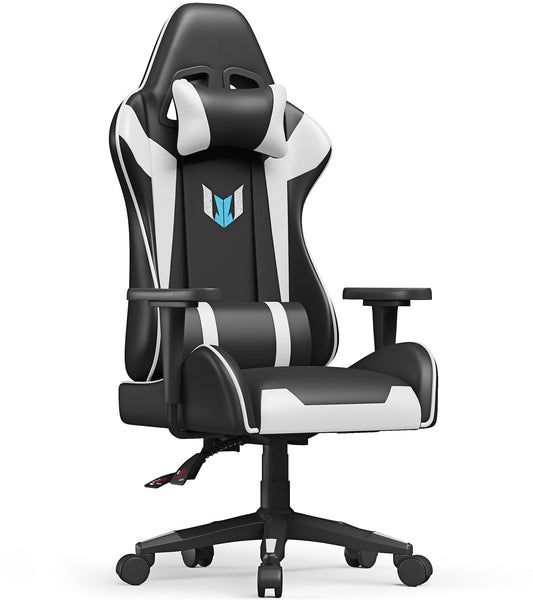 Bigzzia Gaming Chair with Height Adjustable Headrest and Lumbar Support for Adults Teens, Black White