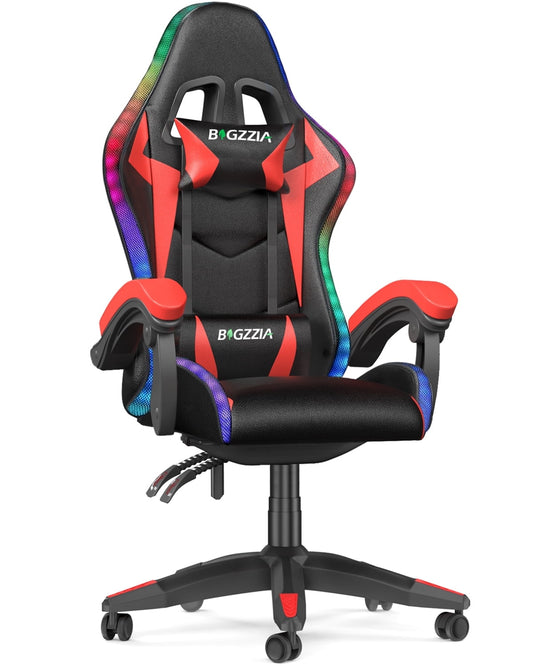 Bigzzia Gaming Chair with LED Lights, Adjustable Headrest & Lumbar Support, Height Adjustable, Red