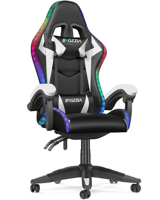 Bigzzia Gaming Chair with LED Lights, Adjustable Headrest & Lumbar Support, Height Adjustable, White