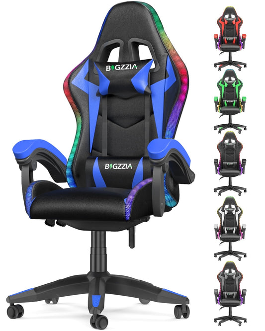 Bigzzia Gaming Chair with LED Lights, Computer Chair with Lumbar Support, Ergonomic High Back Video Game Chair with Swivel Seat and Headrest, Blue