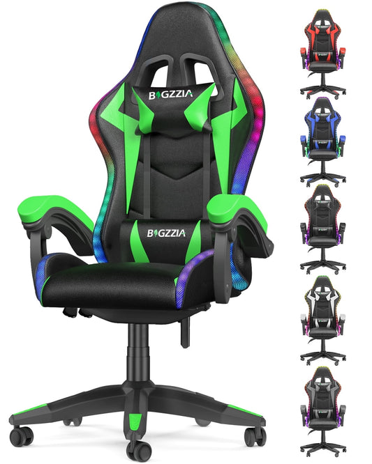 Bigzzia Gaming Chair with LED Lights, Computer Chair with Lumbar Support, Ergonomic High Back Video Game Chair with Swivel Seat and Headrest, Green