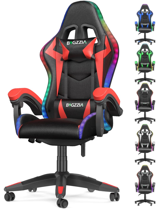 Bigzzia Gaming Chair with LED Lights, Computer Chair with Lumbar Support, Ergonomic High Back Video Game Chair with Swivel Seat and Headrest, Red