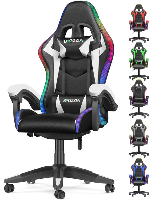 Bigzzia Gaming Chair with LED Lights, Computer Chair with Lumbar Support, Ergonomic High Back Video Game Chair with Swivel Seat and Headrest, White
