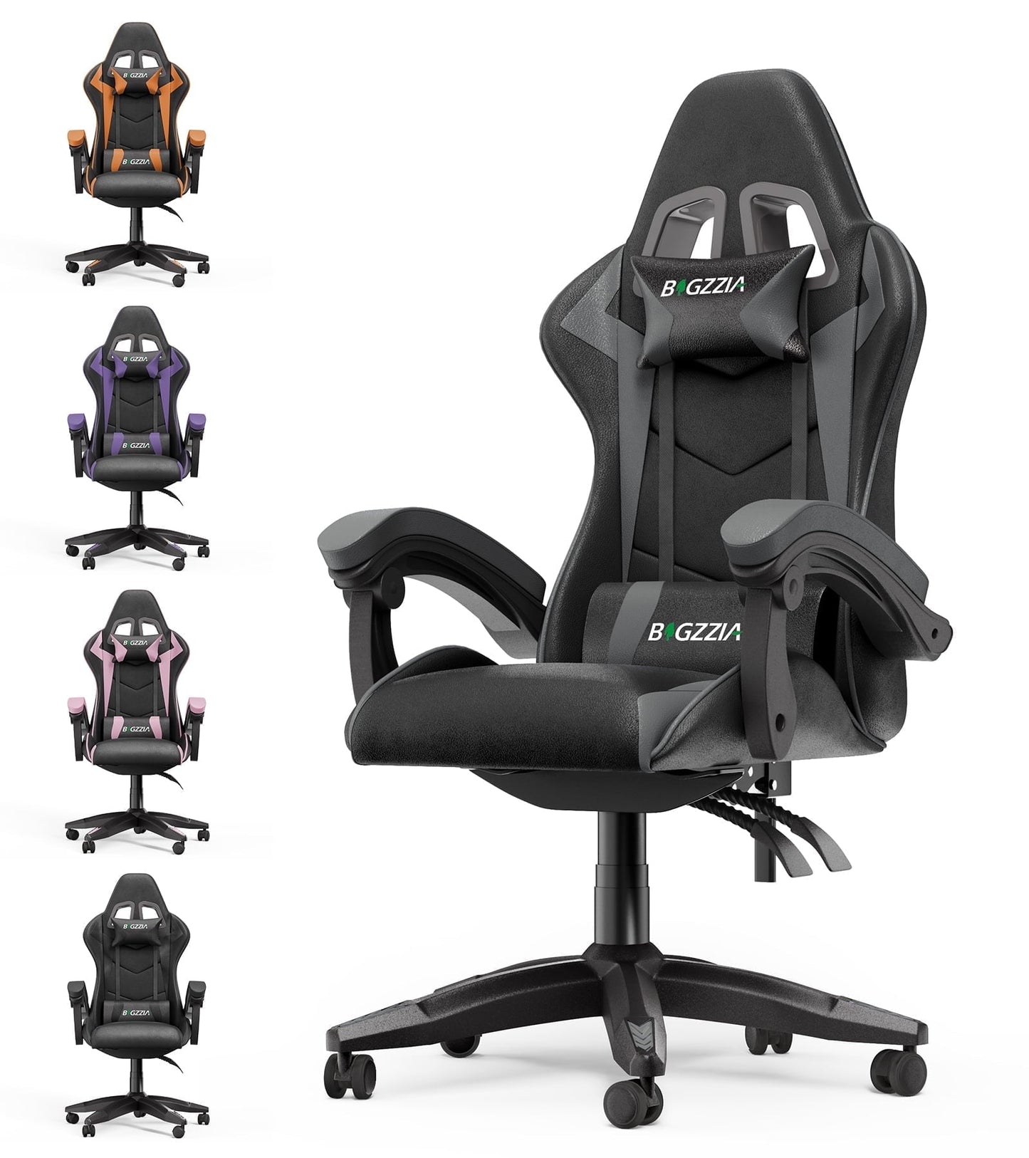Bigzzia High-Back Gaming Chair PC Office Chair Computer Racing Chair PU Desk Task Chair Ergonomic Executive Swivel Rolling Chair with Lumbar Support for Back Pain Women, Men (Gray)