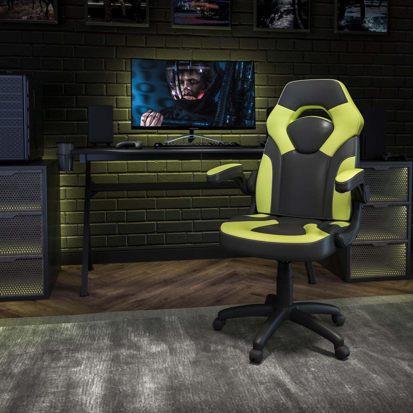 BizChair Gaming Chair Racing Office Ergonomic Computer PC Adjustable Swivel Chair with Flip-up Arms, Neon Green/Black LeatherSoft