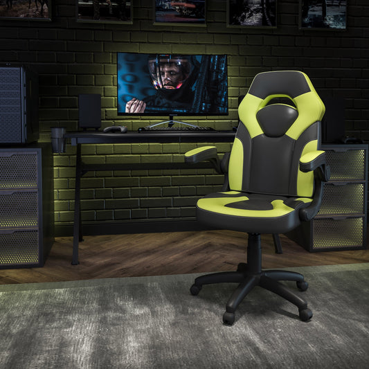 BizChair Gaming Chair Racing Office Ergonomic Computer PC Adjustable Swivel Chair with Flip-up Arms, Neon Green/Black LeatherSoft