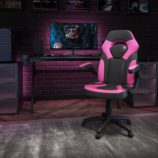 BizChair Gaming Chair Racing Office Ergonomic Computer PC Adjustable Swivel Chair with Flip-up Arms, Pink/Black LeatherSoft